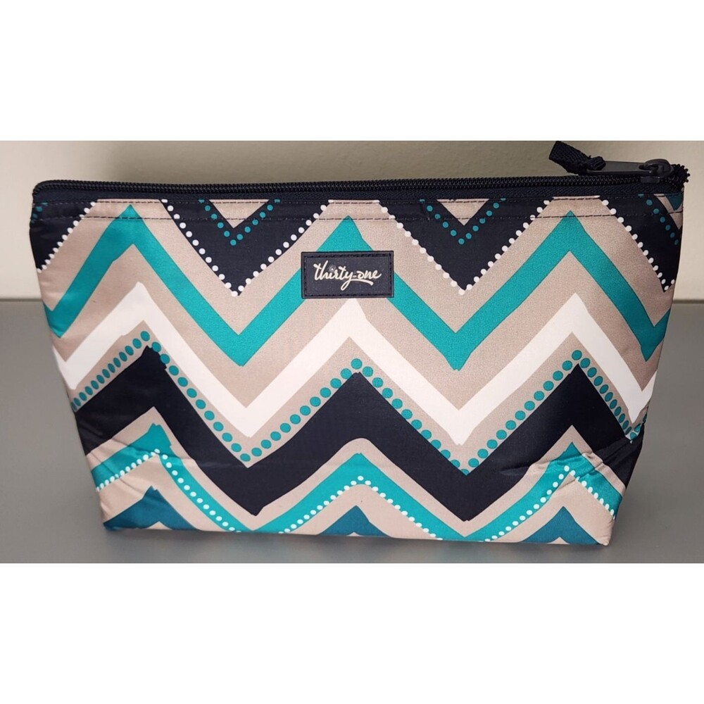 Thirty One Thermal Insulated Pouch Dotty Chevron Teal Navy Beige App 10" x 6"